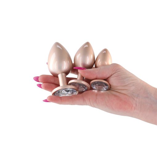 Rear Assets 3-Piece Metal Anal Plug Kit Iridescent – Champagne with Clear Gem - Image 3