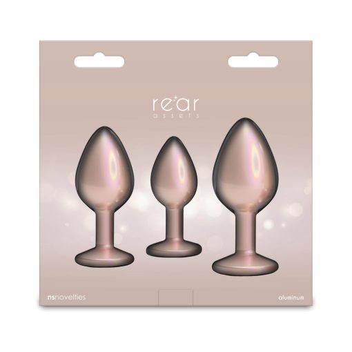 Rear Assets 3-Piece Metal Anal Plug Kit Iridescent – Champagne with Clear Gem - Image 4