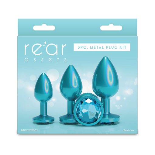 metal anal plug kit with teal iridescent finish and teal gem – Rear Assets 3-Piece Metal Anal Plug Kit – body-safe aluminum plugs for beginners