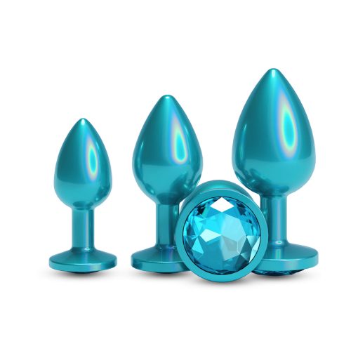 Rear Assets 3-Piece Metal Anal Plug Kit Iridescent – Teal with Teal Gem - Image 2