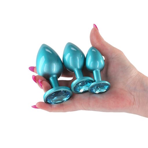Rear Assets 3-Piece Metal Anal Plug Kit Iridescent – Teal with Teal Gem - Image 3