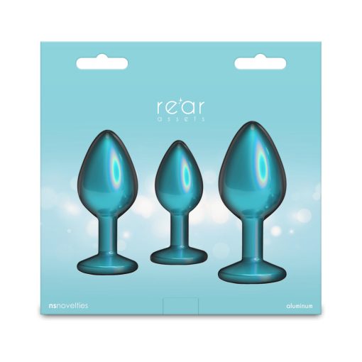 Rear Assets 3-Piece Metal Anal Plug Kit Iridescent – Teal with Teal Gem - Image 4