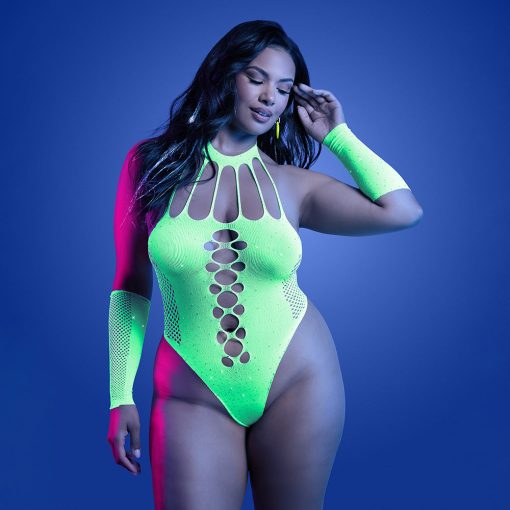 Fantasy Lingerie Glow Pressure Point Uv Reactive Rhinestone Teddy & Gloves Queen Size - Image 2