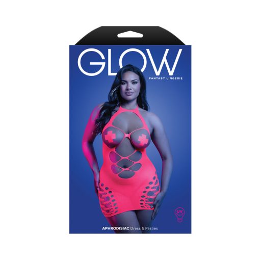 Fantasy Lingerie Glow Aphrodisiac Uv Reactive Open Bodice Halter Dress & Pasties Queen Size