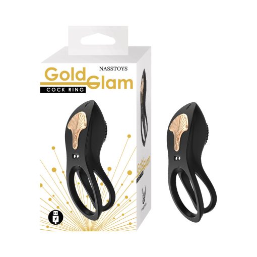 black gold glam vibrating cock ring with dual silicone design and textured stimulator