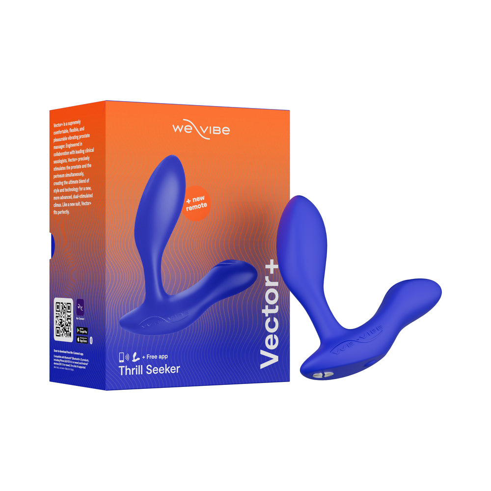 We-Vibe Vector+ Dual Stimulation Prostate Massager – Royal Blue 1 royal blue prostate massager with adjustable fit, dual motors, flexible base, and app/remote connectivity
