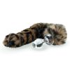 faux fur tail anal plug with leopard print tail and handcrafted borosilicate glass base, body-safe and lube compatible
