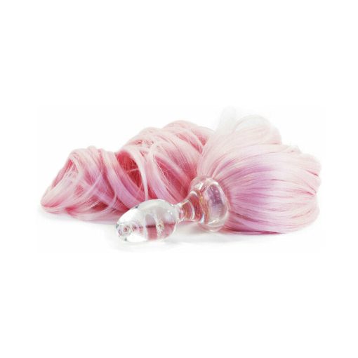 glass pony tail anal plug in baby pink with handcrafted borosilicate body, body-safe and lube compatible