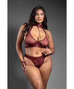Fantasy Lingerie Domina Embossed Faux Leather Convertible Bra With Chain Leash & Open Panty Queen Size