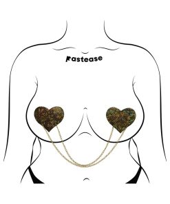Pastease Chains: Black Shattered Disco Ball Heart With Gold Chains Pasties