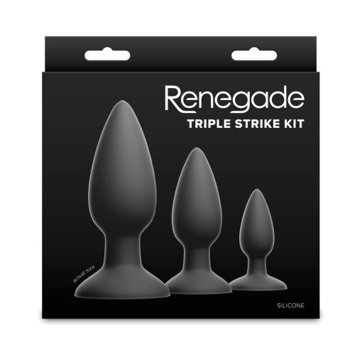 Renegade Triple Strike Anal Training Kit in black, three graduated body-safe silicone plug sizes, with tapered insertion tip